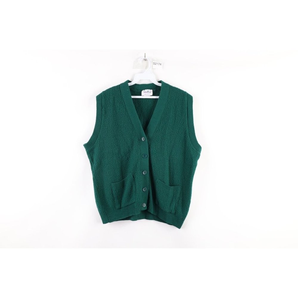 Vintage 90s Grunge L Blank Knit Kurt Cobain Pocket Cardigan Sweater Vest USA